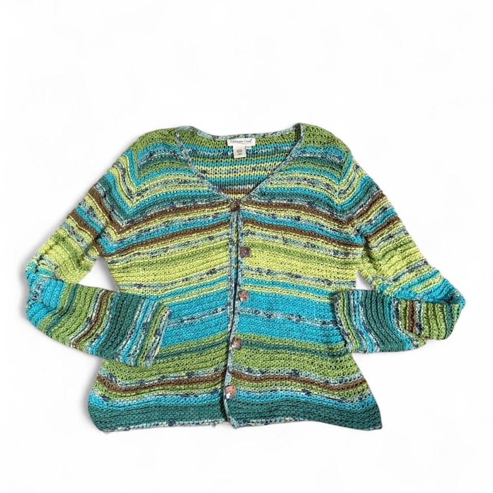 Coldwater Creek blue/green striped cardigan with brown accents #stripes #knitwea